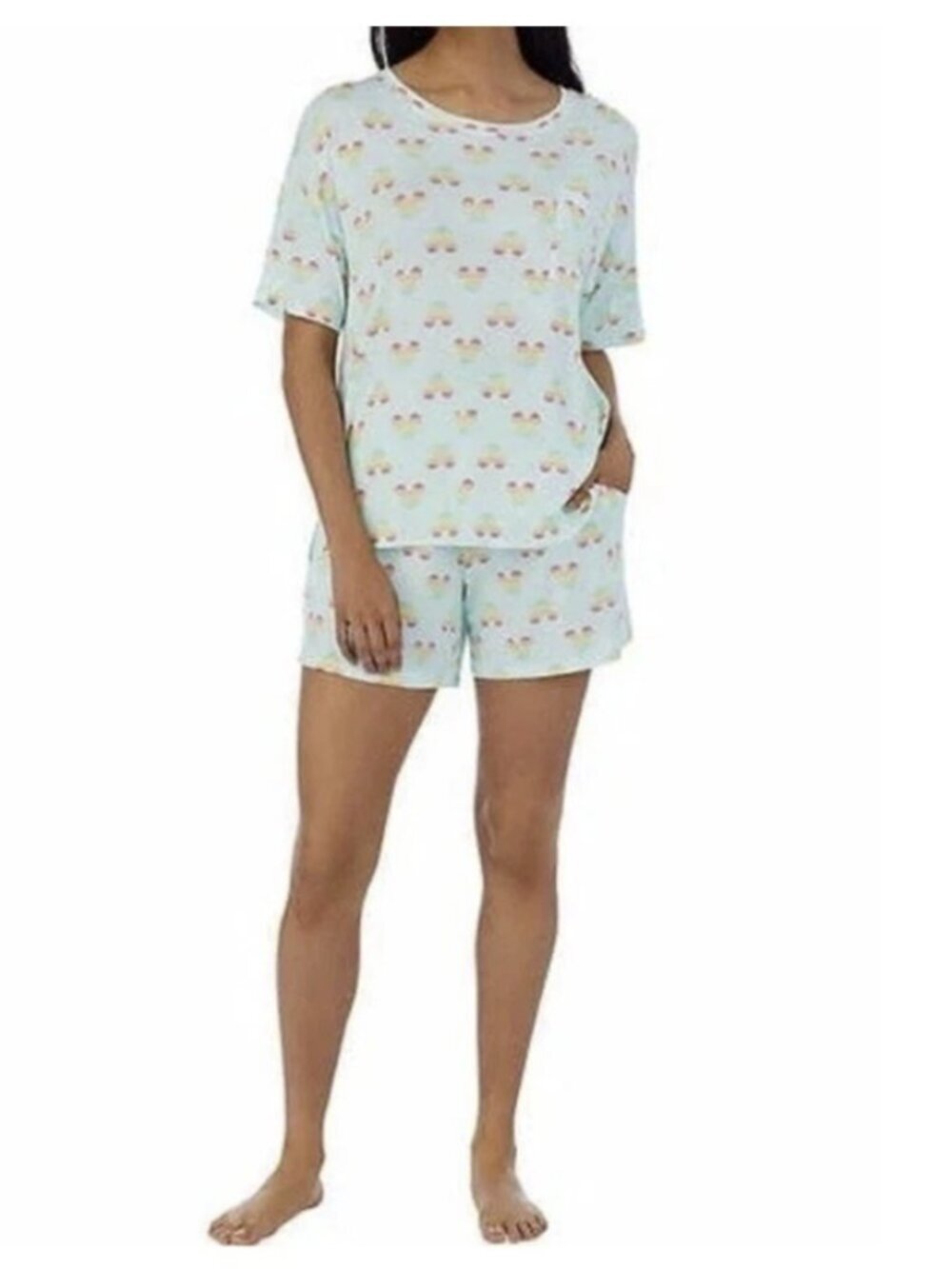 Disney Mickey Mouse Tee And Shorts Pocket Pajama Set New S Aqua Mint Rainbow